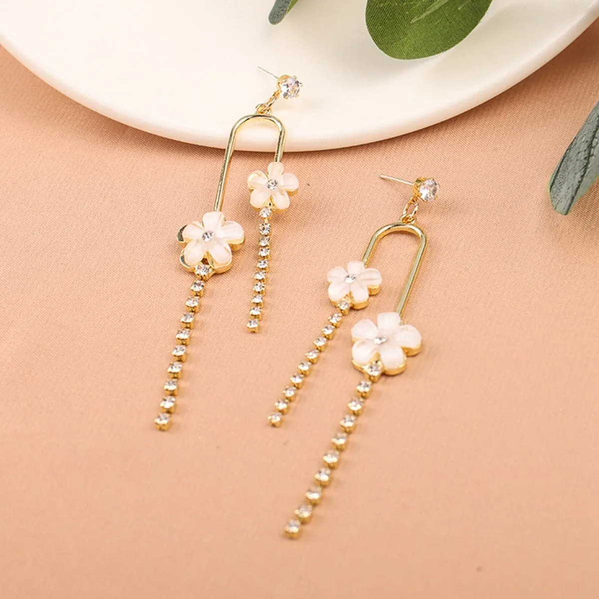 White Acrylic & Cubic Zirconia Floral Tassel Drop Earrings