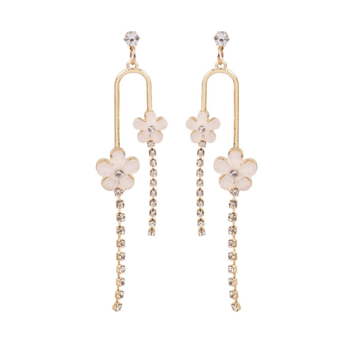 White Acrylic & Cubic Zirconia Floral Tassel Drop Earrings