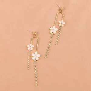 White Acrylic & Cubic Zirconia Floral Tassel Drop Earrings