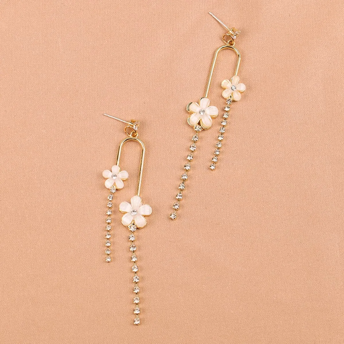 White Acrylic & Cubic Zirconia Floral Tassel Drop Earrings