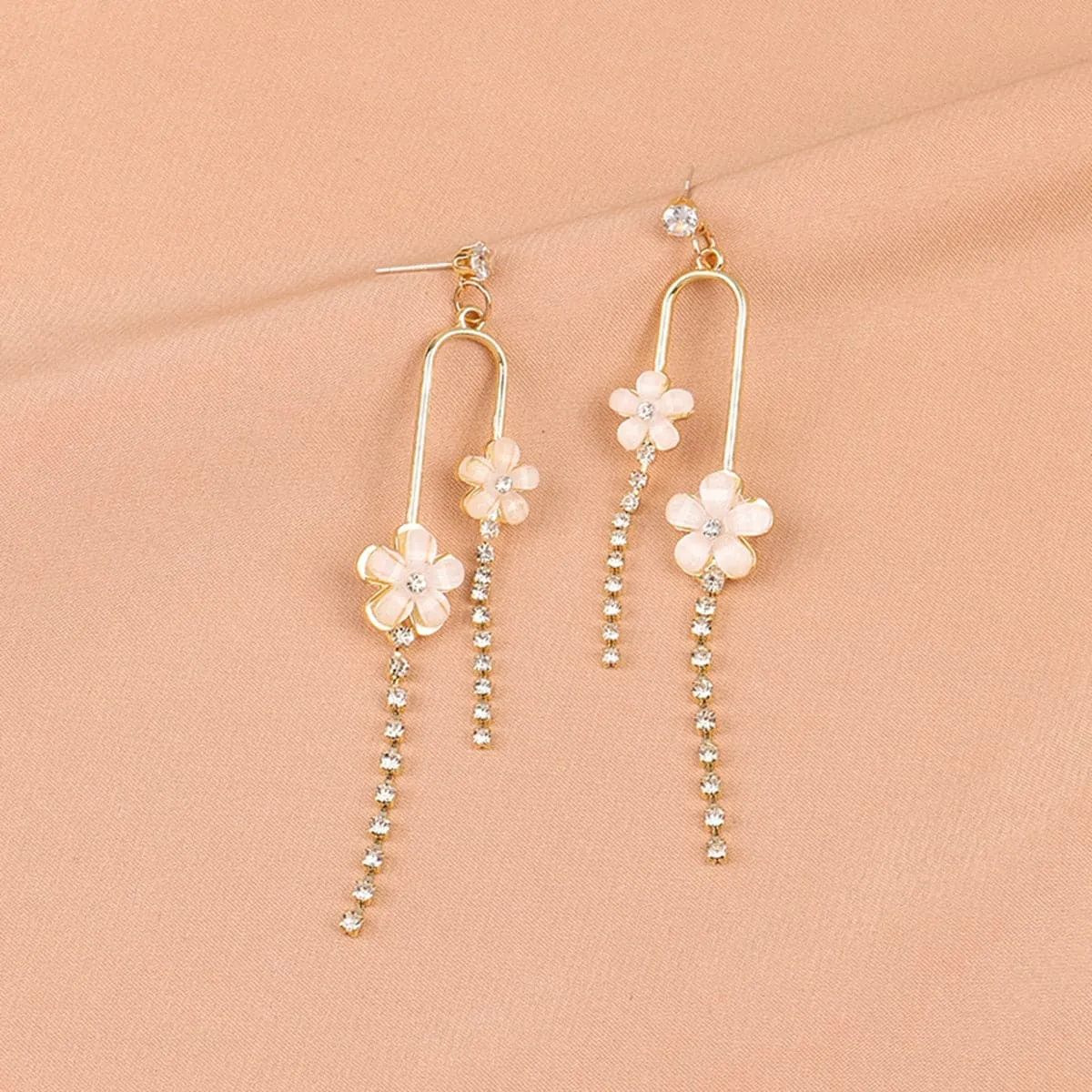 White Acrylic & Cubic Zirconia Floral Tassel Drop Earrings