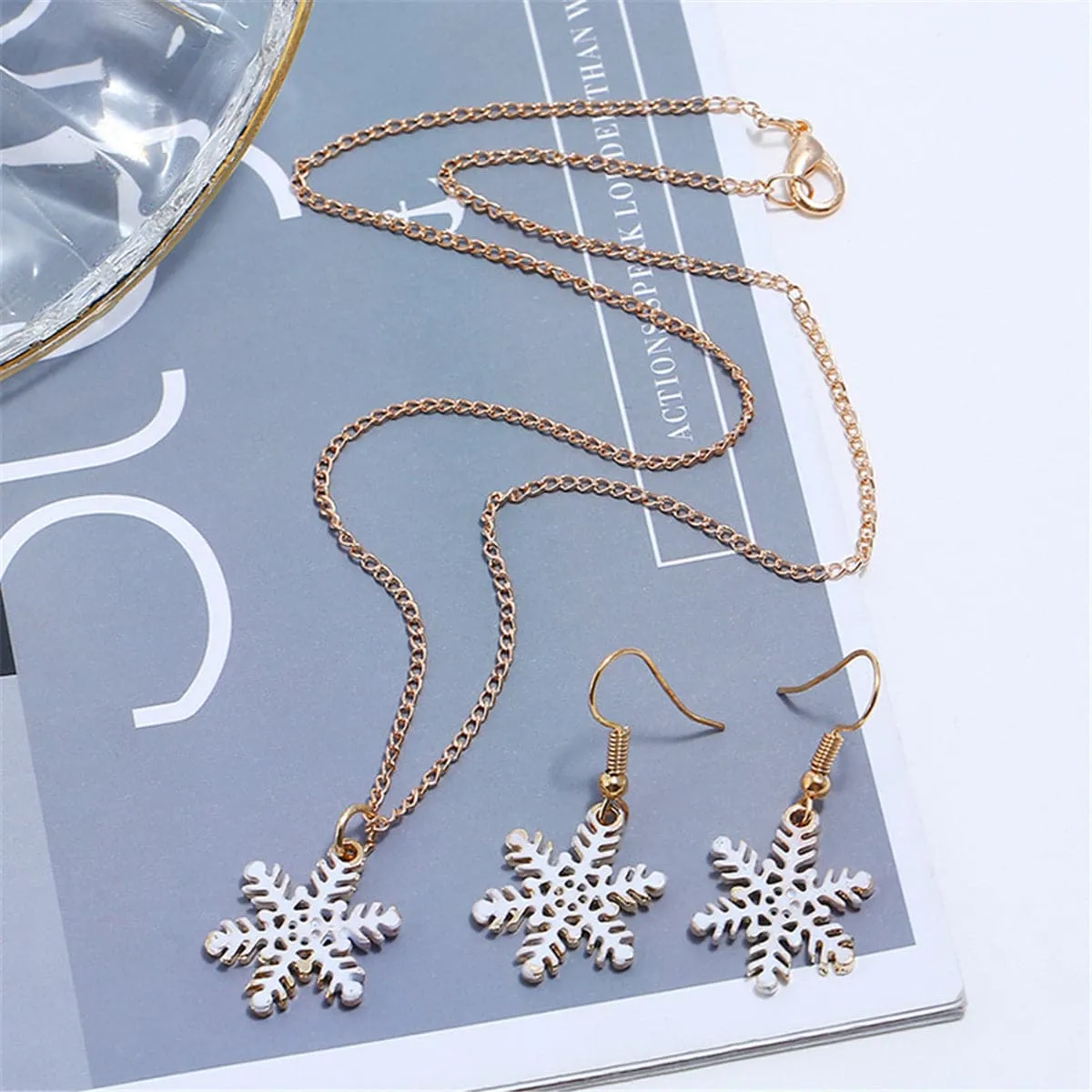 White & 18K Gold-Plated Snowflake Pendant Necklace & Drop Earrings