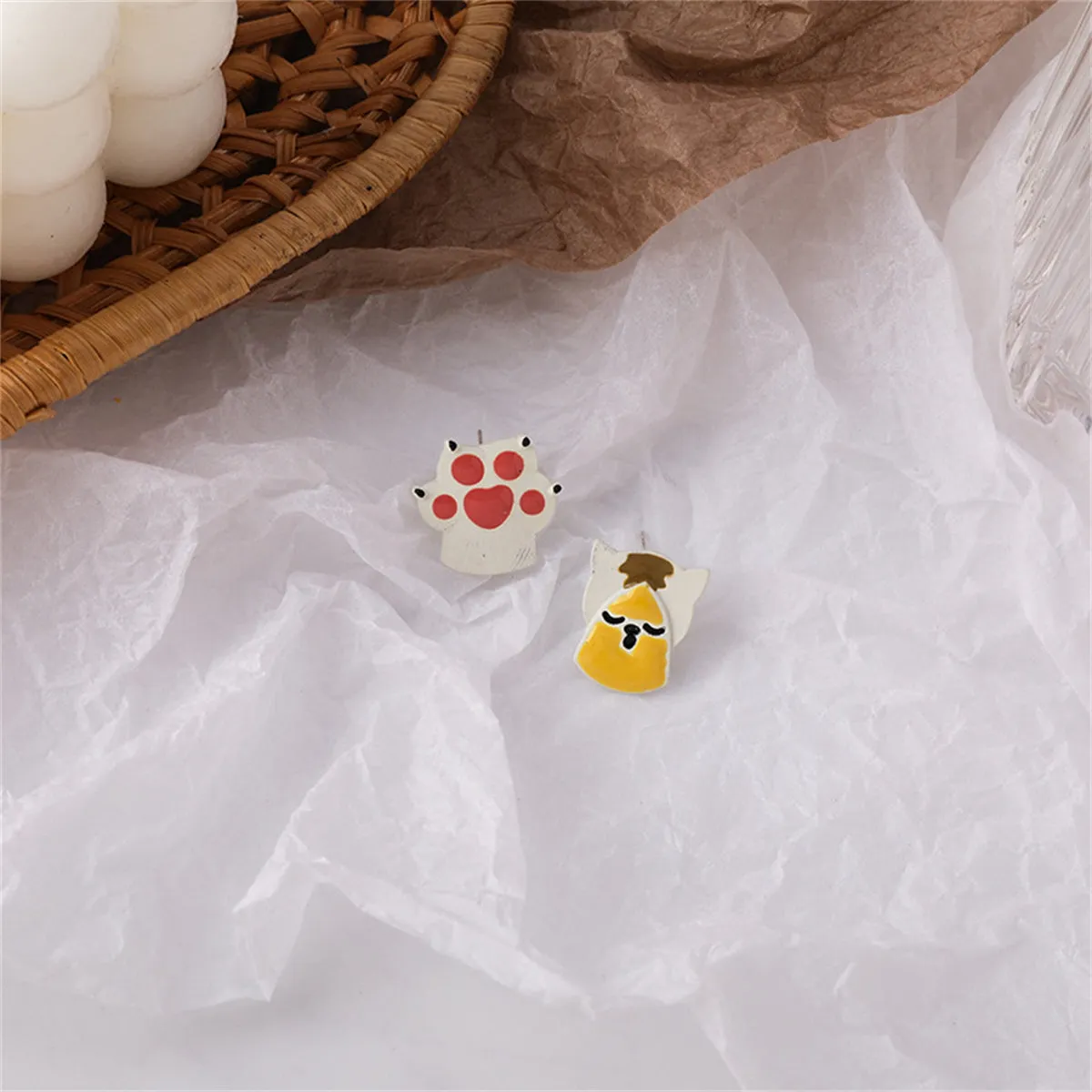 White & Yellow Cat & Paw Stud Earrings