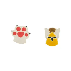 White & Yellow Cat & Paw Stud Earrings