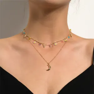 White Enamel & 18K Gold-Plated Daisy & Moon Layered Pendant Necklace