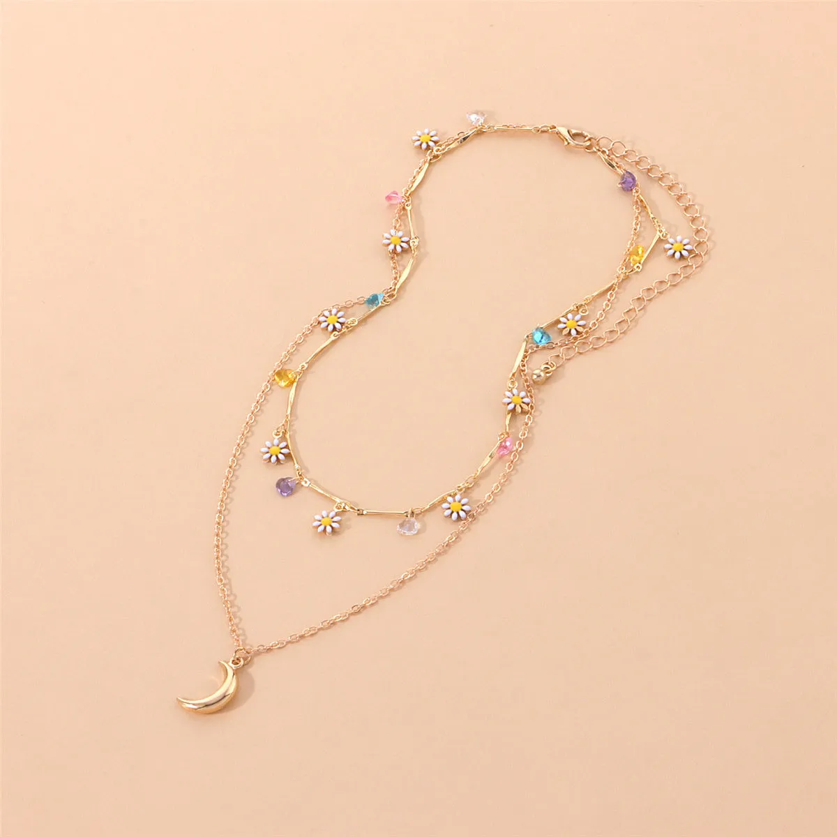 White Enamel & 18K Gold-Plated Daisy & Moon Layered Pendant Necklace
