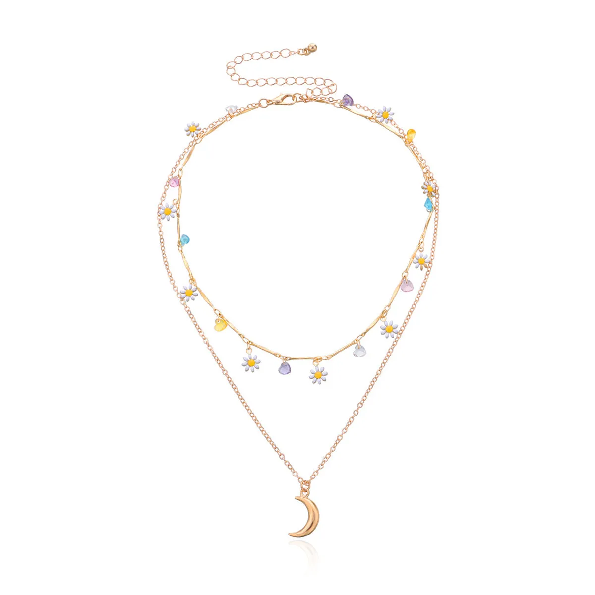 White Enamel & 18K Gold-Plated Daisy & Moon Layered Pendant Necklace