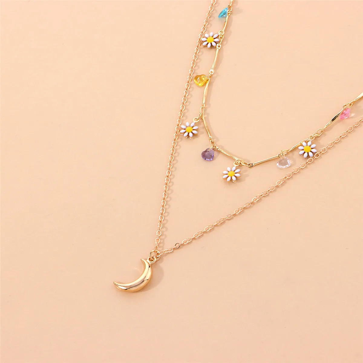 White Enamel & 18K Gold-Plated Daisy & Moon Layered Pendant Necklace