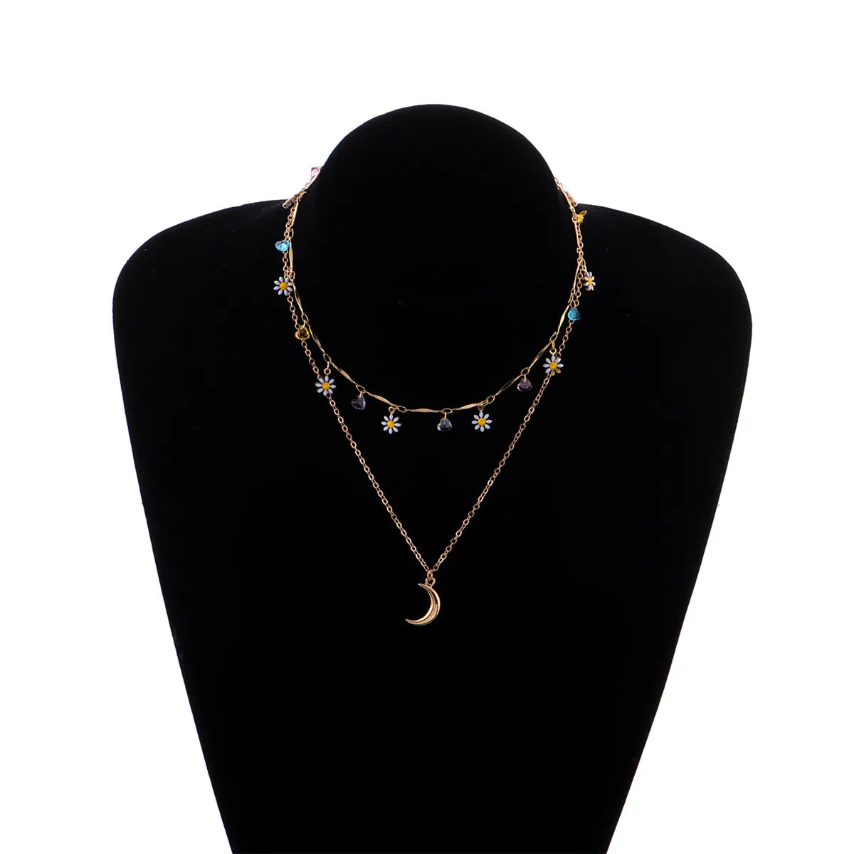 White Enamel & 18K Gold-Plated Daisy & Moon Layered Pendant Necklace