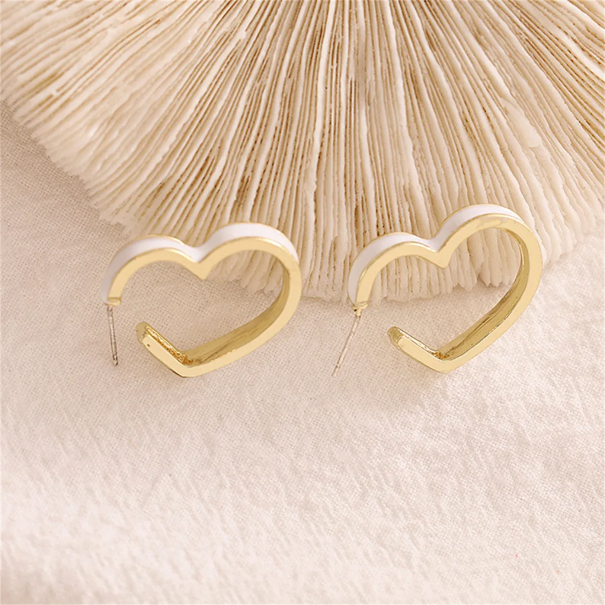 White Enamel & 18K Gold-Plated Heart Huggie Earrings
