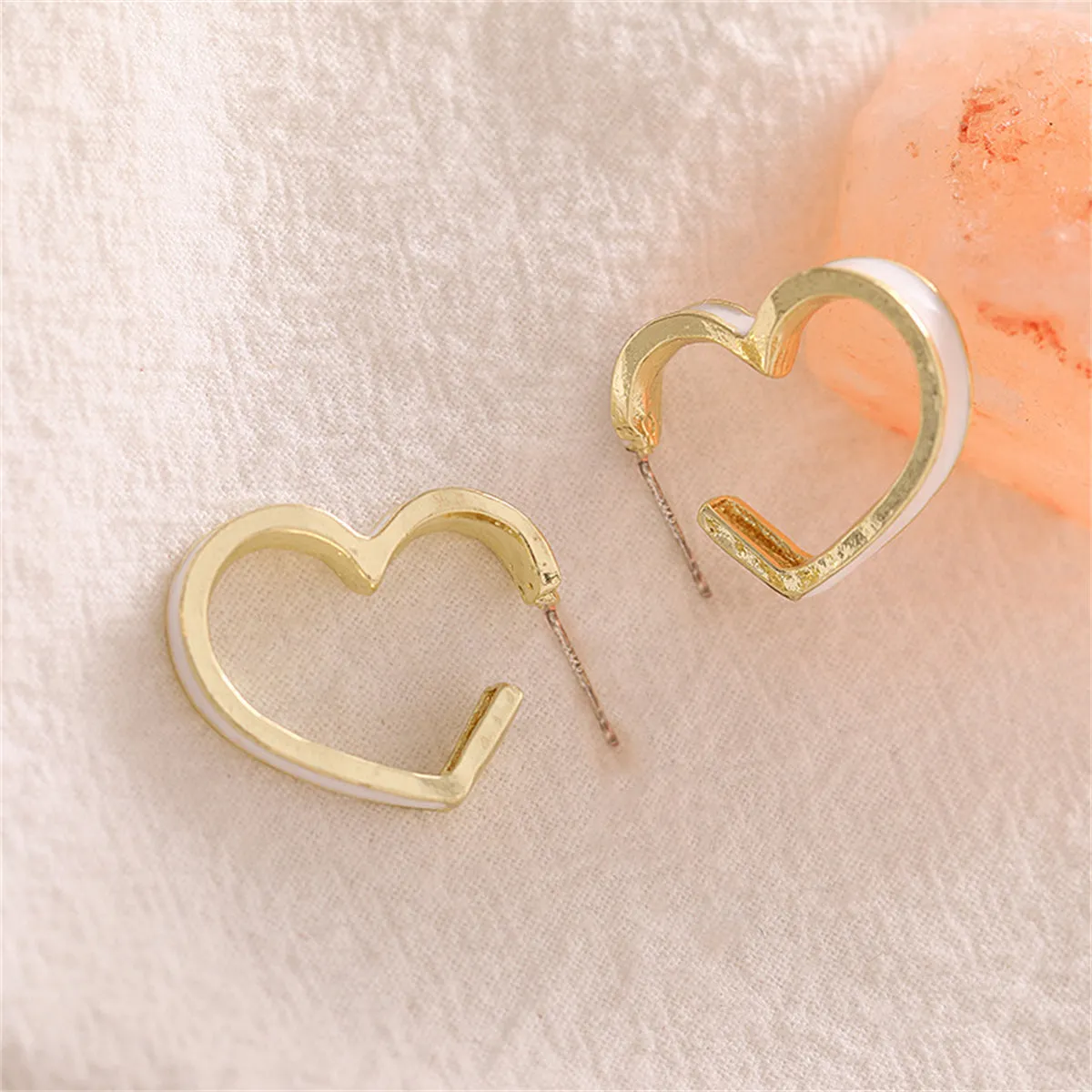 White Enamel & 18K Gold-Plated Heart Huggie Earrings