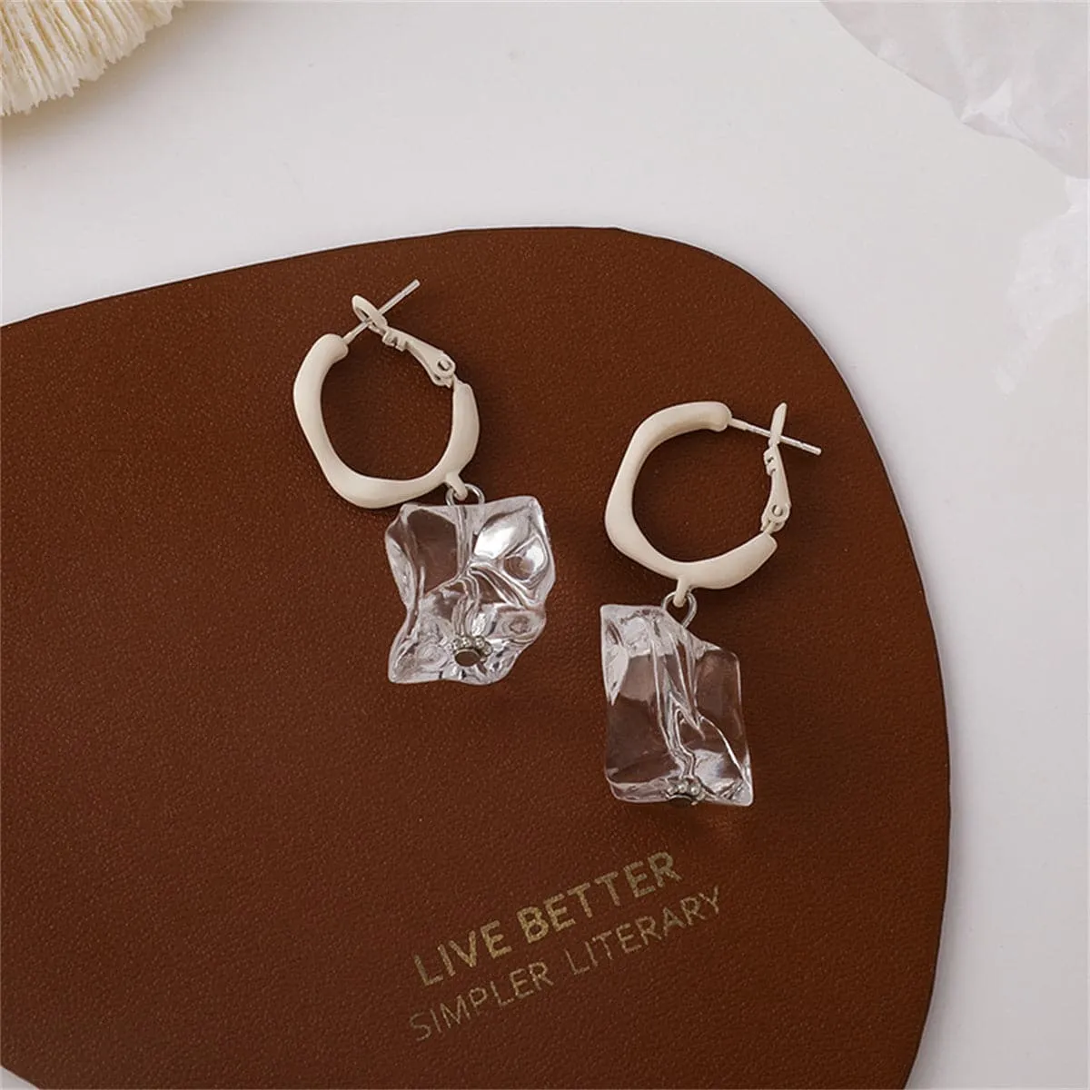White Enamel & Ice Cube Drop Earrings