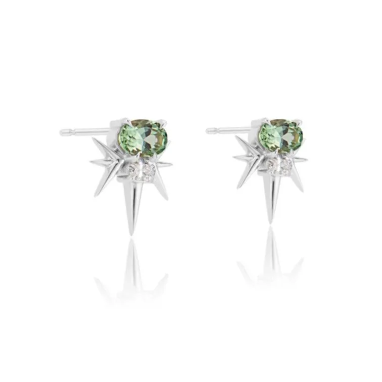 White Gold Green Tourmaline And Diamond Spike Stud Earrings