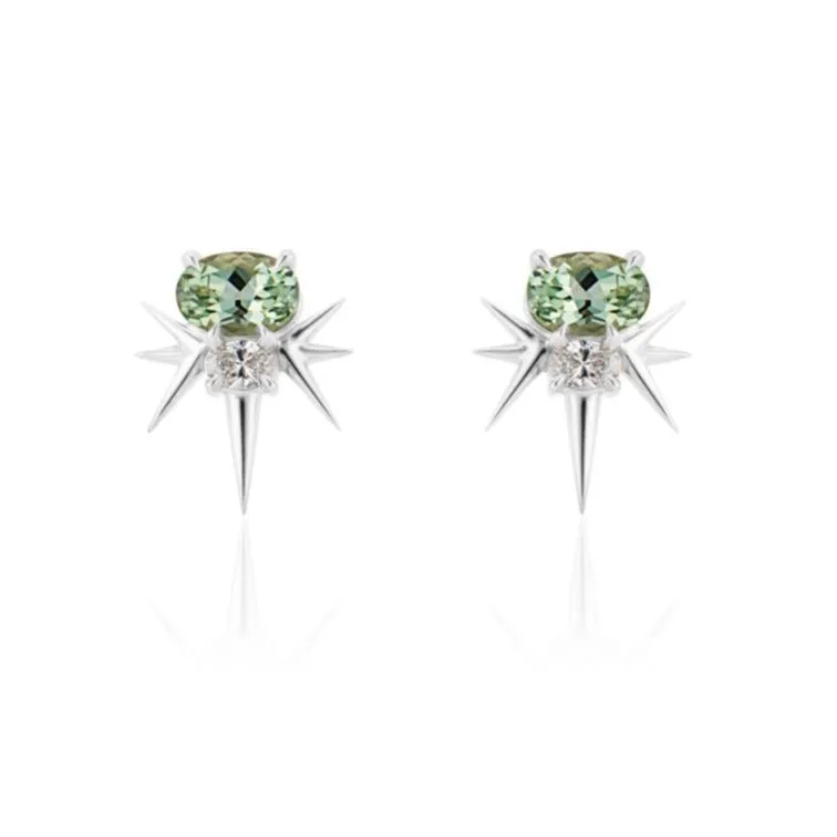 White Gold Green Tourmaline And Diamond Spike Stud Earrings