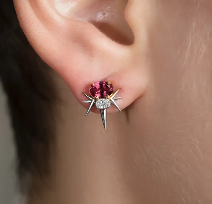 White Gold Pink Tourmaline And Diamond Spike Stud Earrings