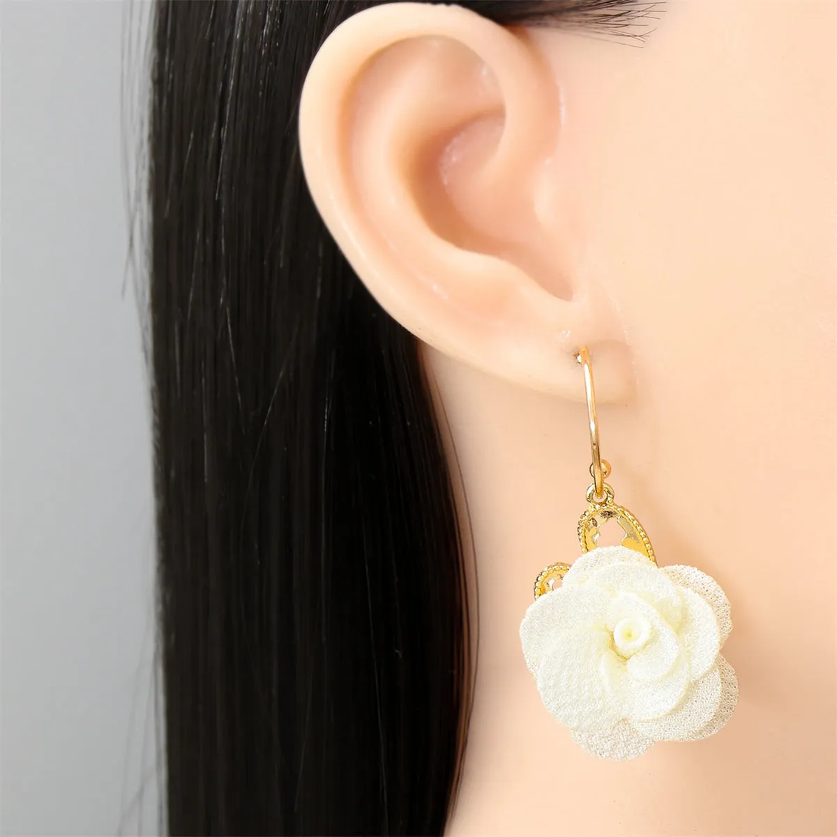 White Lace & 18K Gold-Plated Heart Flower Drop Earrings