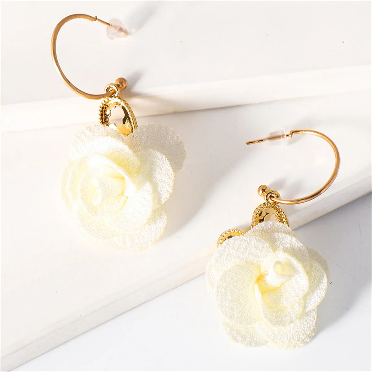 White Lace & 18K Gold-Plated Heart Flower Drop Earrings