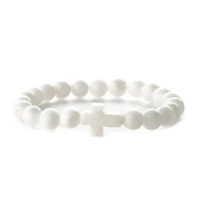 White Quartz Cross Charm Beaded Stretch Bracelet