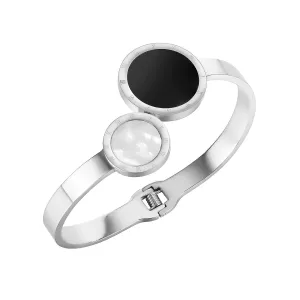 White Shell & Black Enamel Silver-Plated Bypass Bangle