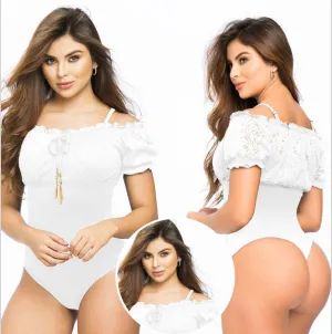 White Short-sleeve Bodysuit with Ruffles and Lace