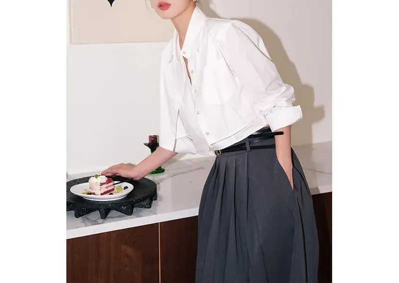 White/Khaki Fake 2-Piece Shirt Boutique Design Short Casual Long-Sleeved Crop Top