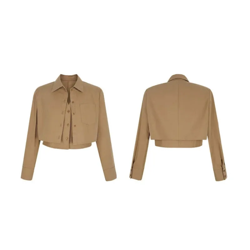 White/Khaki Fake 2-Piece Shirt Boutique Design Short Casual Long-Sleeved Crop Top