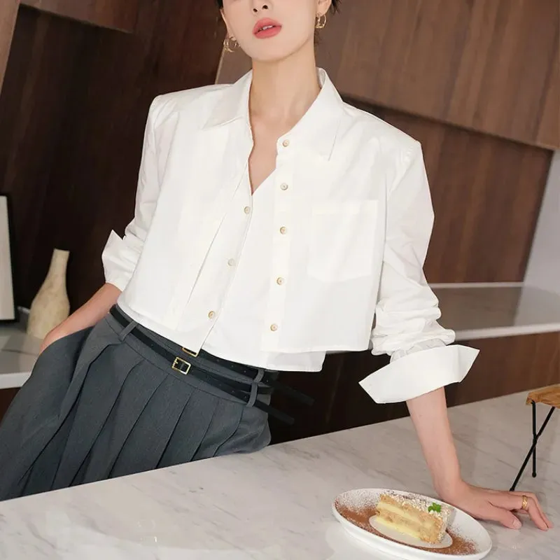White/Khaki Fake 2-Piece Shirt Boutique Design Short Casual Long-Sleeved Crop Top