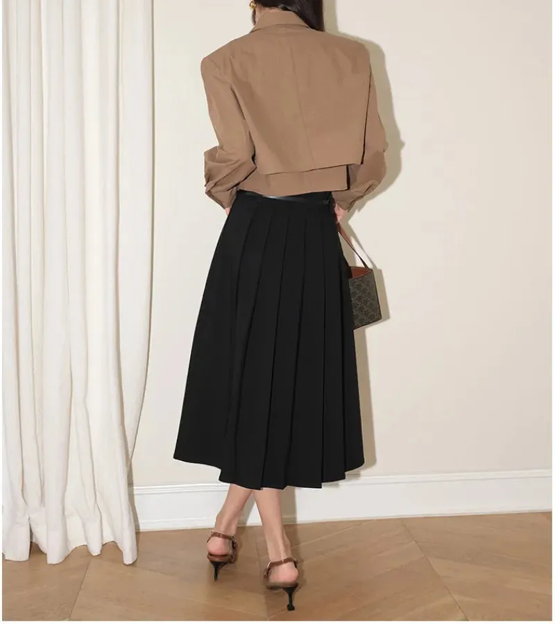 White/Khaki Fake 2-Piece Shirt Boutique Design Short Casual Long-Sleeved Crop Top