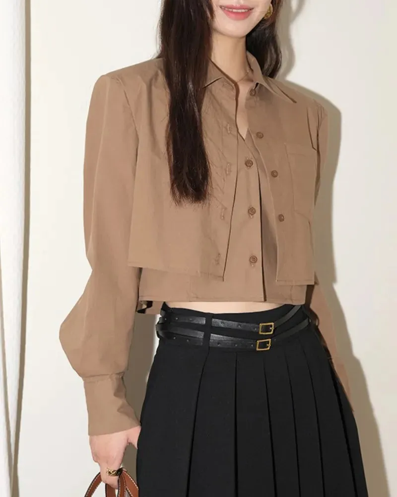 White/Khaki Fake 2-Piece Shirt Boutique Design Short Casual Long-Sleeved Crop Top