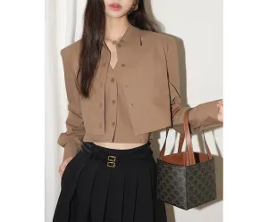 White/Khaki Fake 2-Piece Shirt Boutique Design Short Casual Long-Sleeved Crop Top