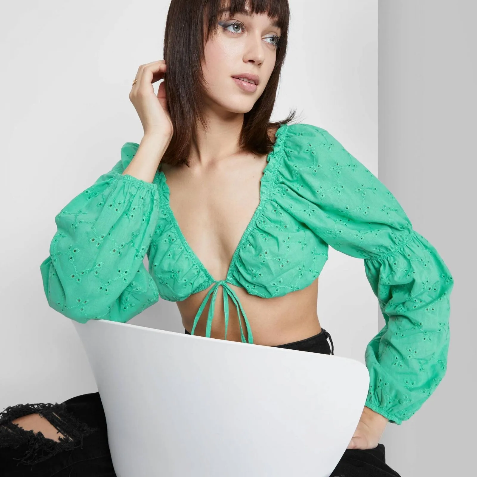 Wild Fable Women's Puff Long Sleeve Milkmaid Tiny Top