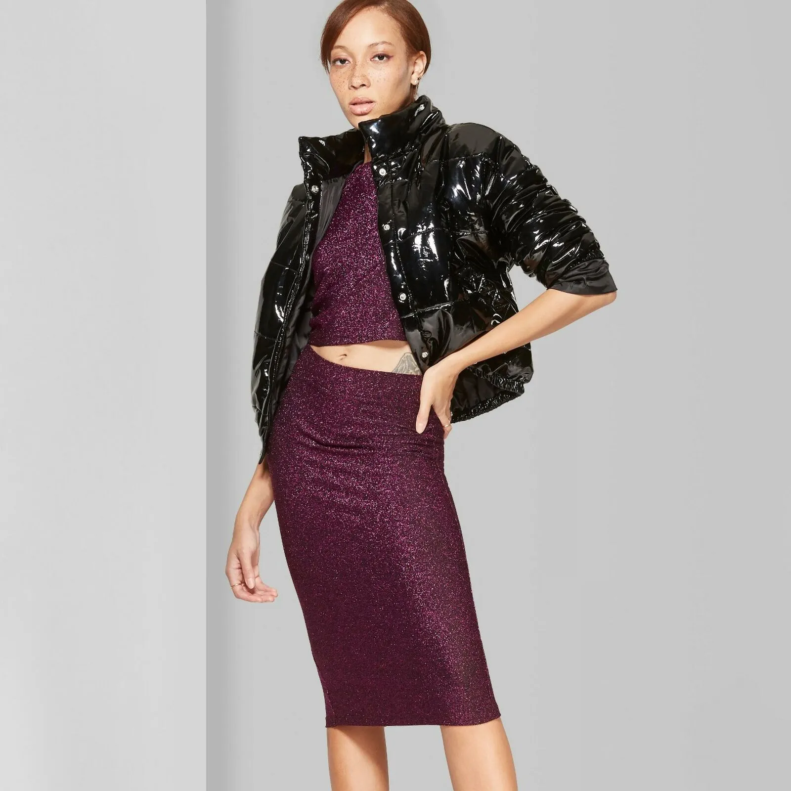 Wild Fable Women's Shiny Knit Stretch Bodycon Midi Skirt With Back Slit