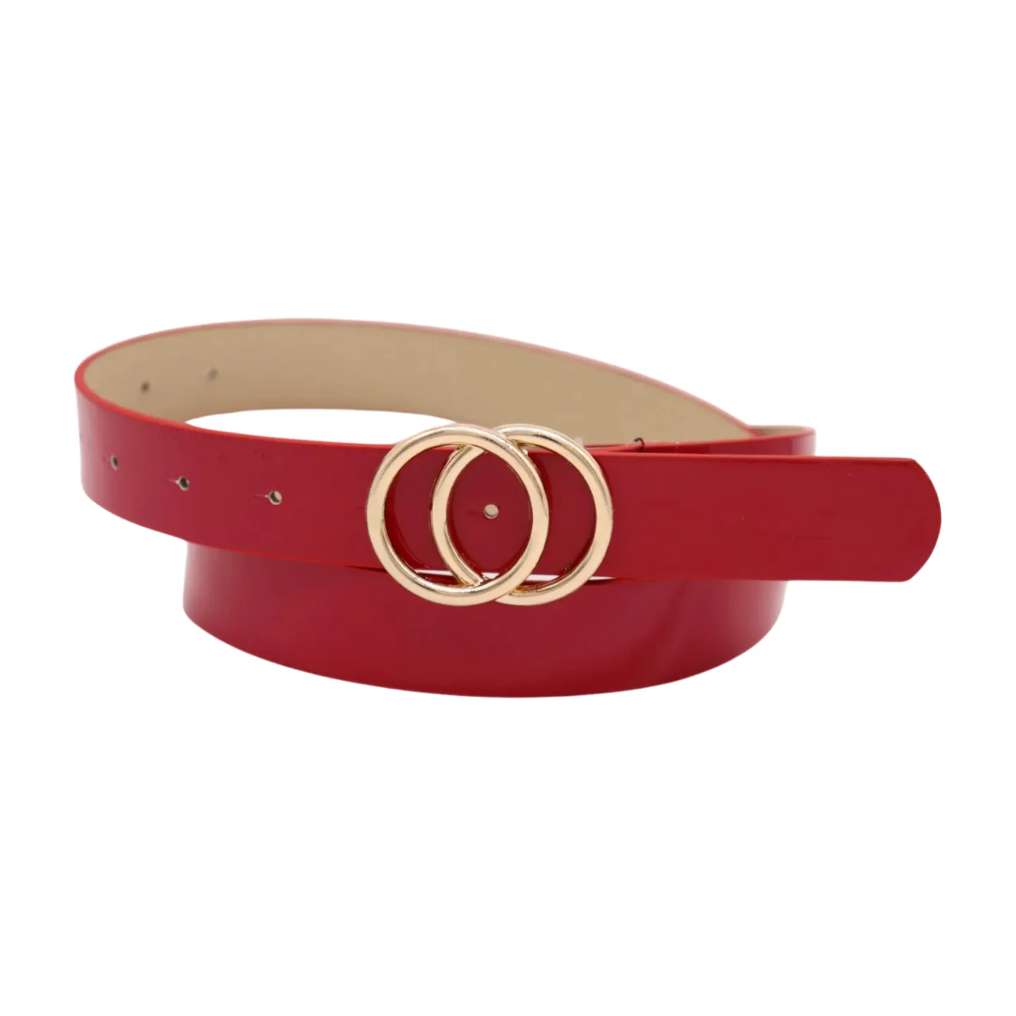 Women Red Faux Patent Leather Fashion Belt Gold Metal Circles Buckle Size M L