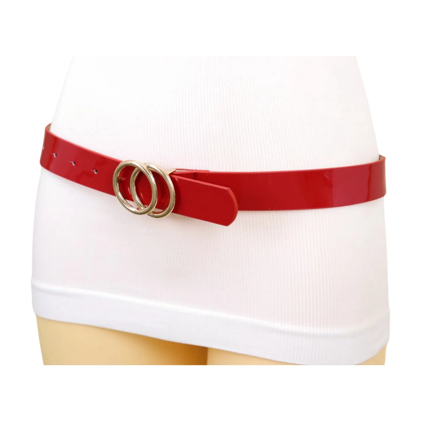 Women Red Faux Patent Leather Fashion Belt Gold Metal Circles Buckle Size M L