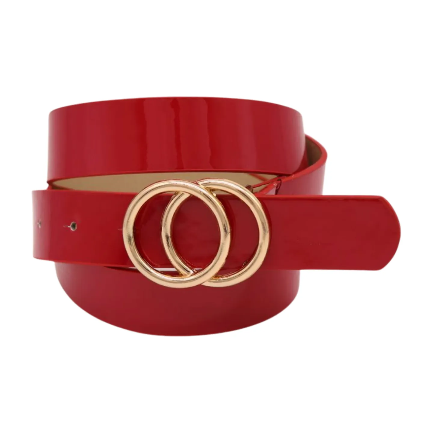 Women Red Faux Patent Leather Fashion Belt Gold Metal Circles Buckle Size M L