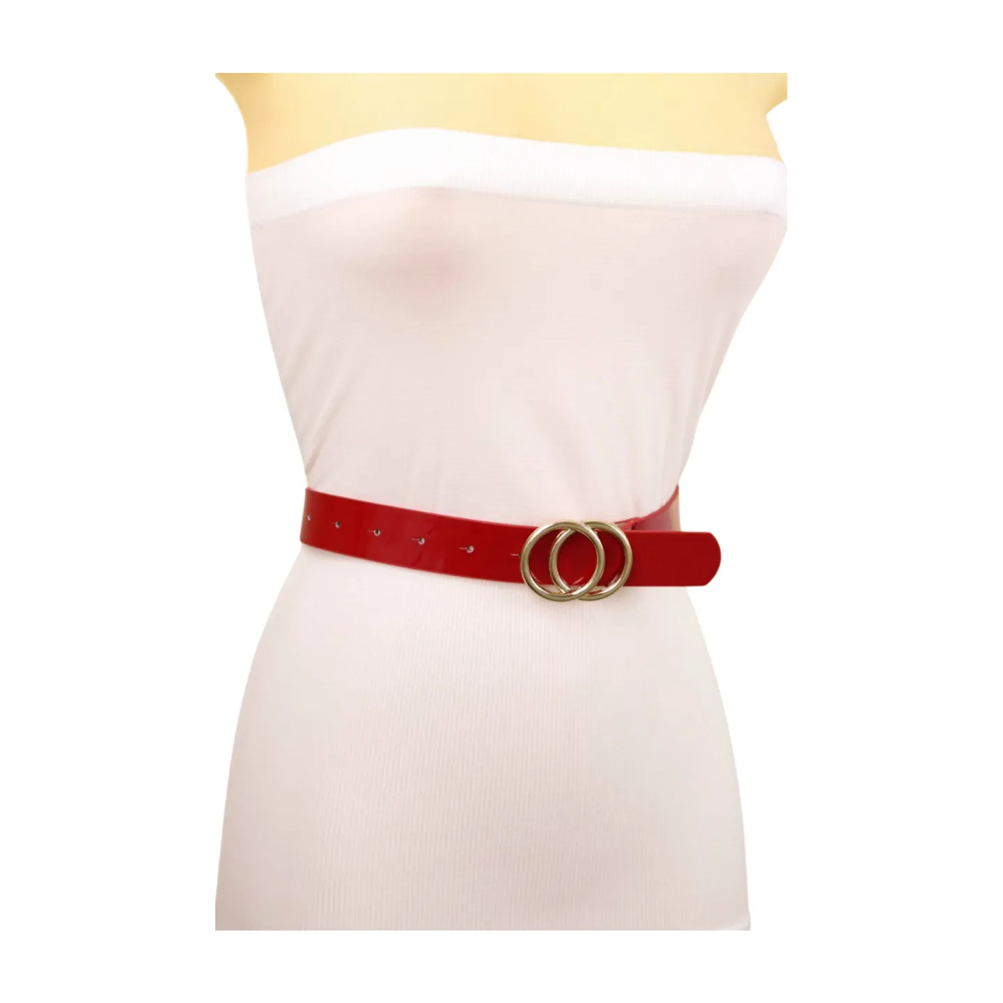Women Red Faux Patent Leather Fashion Belt Gold Metal Circles Buckle Size M L
