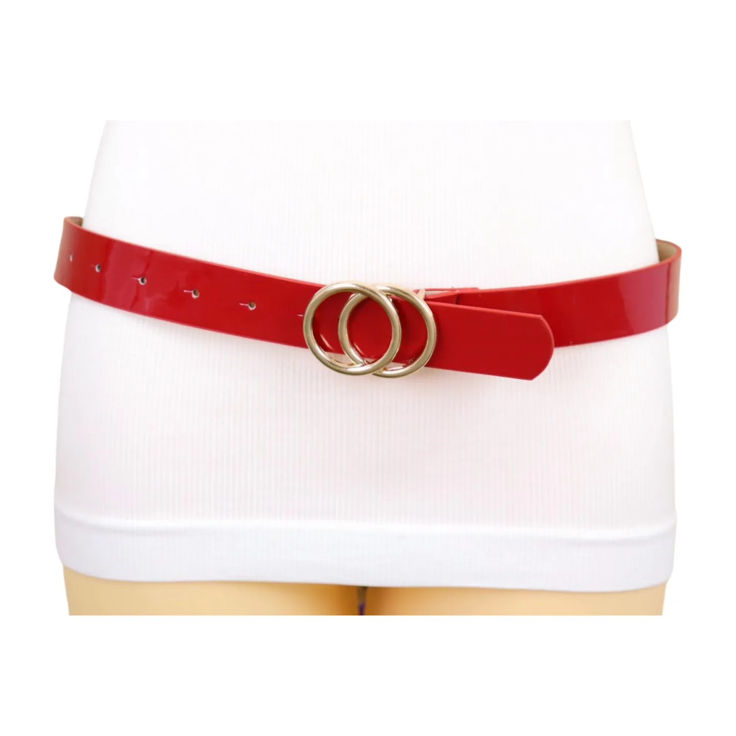 Women Red Faux Patent Leather Fashion Belt Gold Metal Circles Buckle Size M L