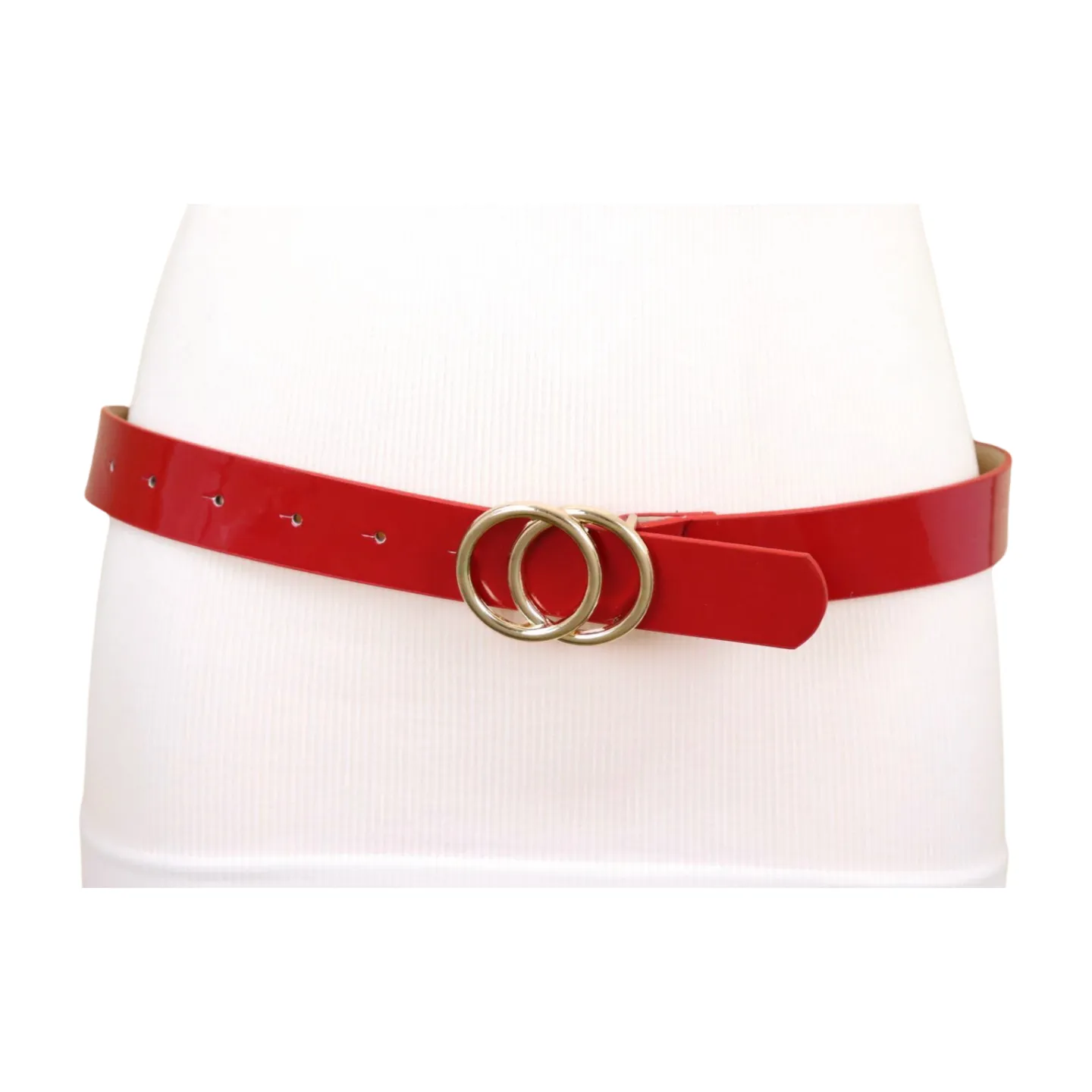 Women Red Faux Patent Leather Fashion Belt Gold Metal Circles Buckle Size M L