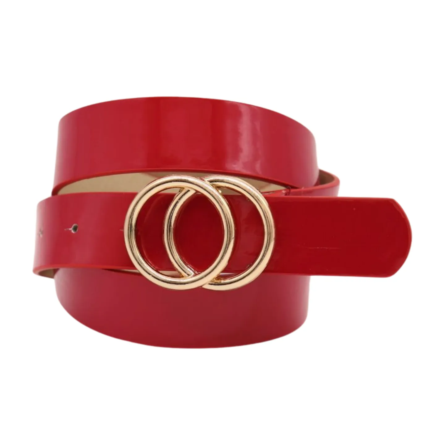Women Red Faux Patent Leather Fashion Belt Gold Metal Circles Buckle Size M L
