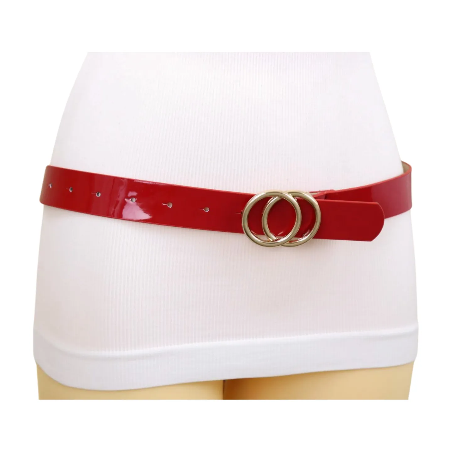 Women Red Faux Patent Leather Fashion Belt Gold Metal Circles Buckle Size M L