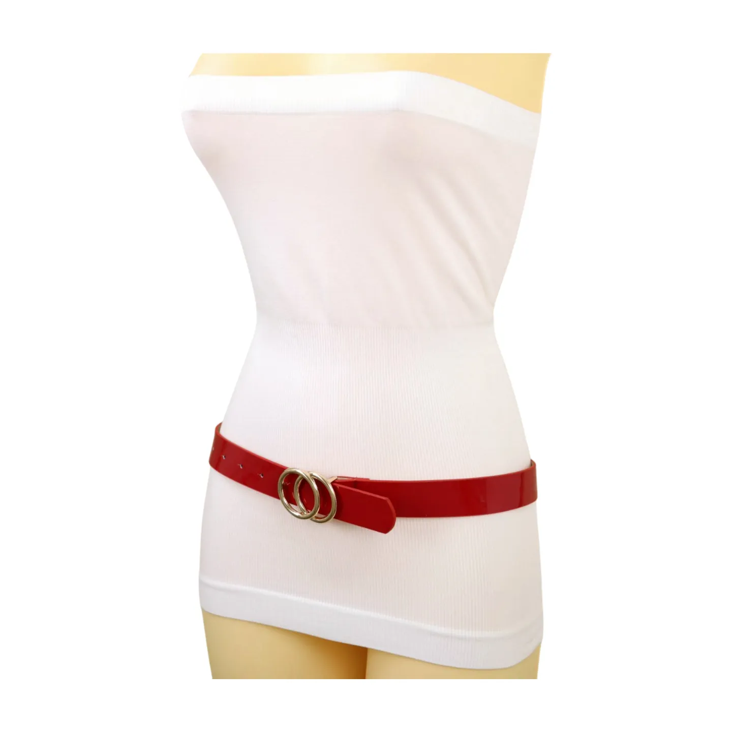 Women Red Faux Patent Leather Fashion Belt Gold Metal Circles Buckle Size M L
