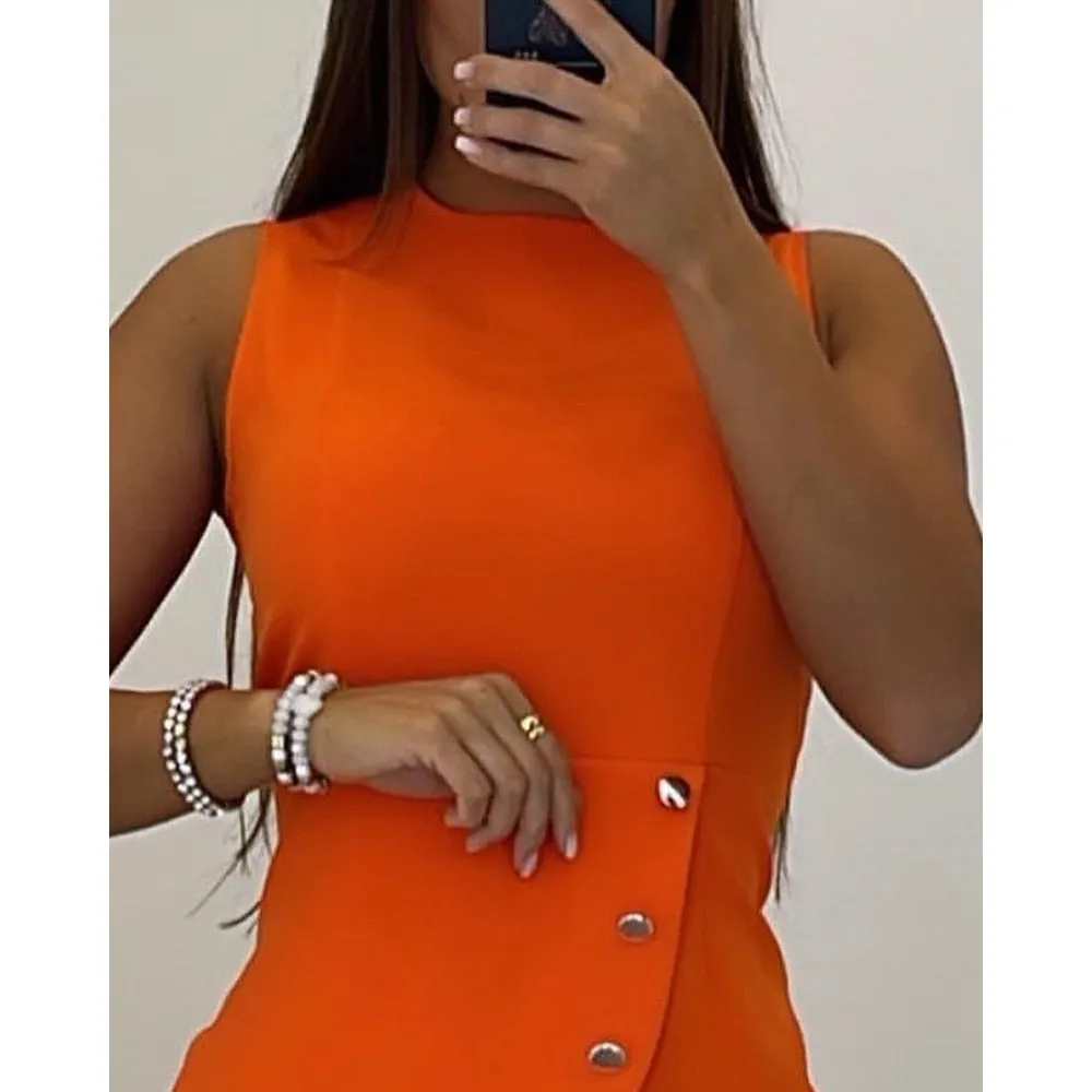 Women Sleeveless Buttoned Asymmetrical Bodycon Dress