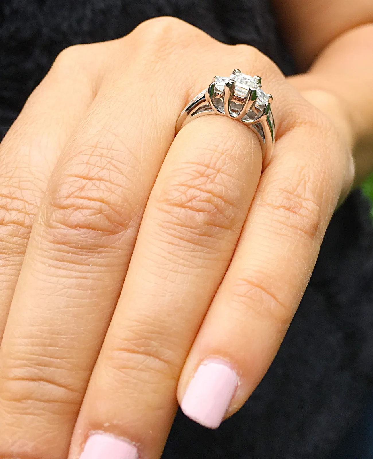 Women's 1.40 carat set in 14k solid white gold emerald cut diamond engagement ring three stone style, bridal, wedding, anniversry