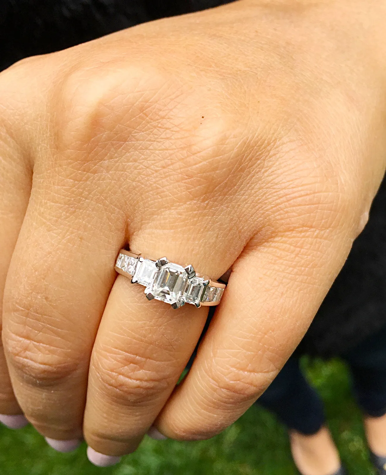 Women's 1.40 carat set in 14k solid white gold emerald cut diamond engagement ring three stone style, bridal, wedding, anniversry