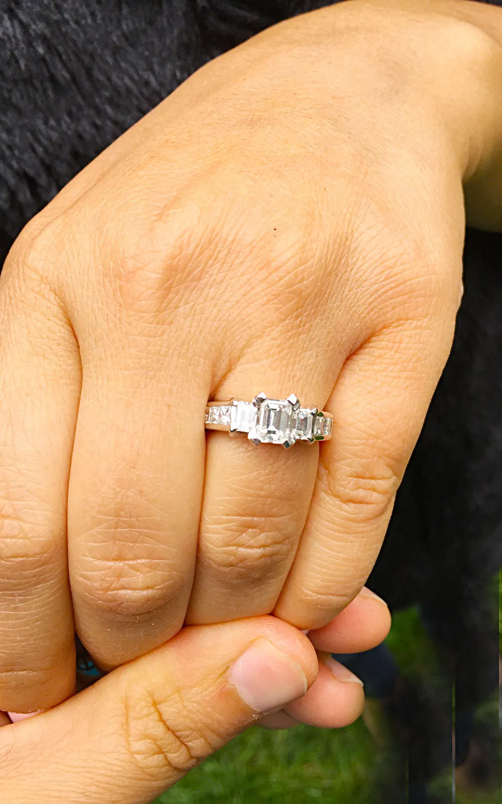Women's 1.40 carat set in 14k solid white gold emerald cut diamond engagement ring three stone style, bridal, wedding, anniversry