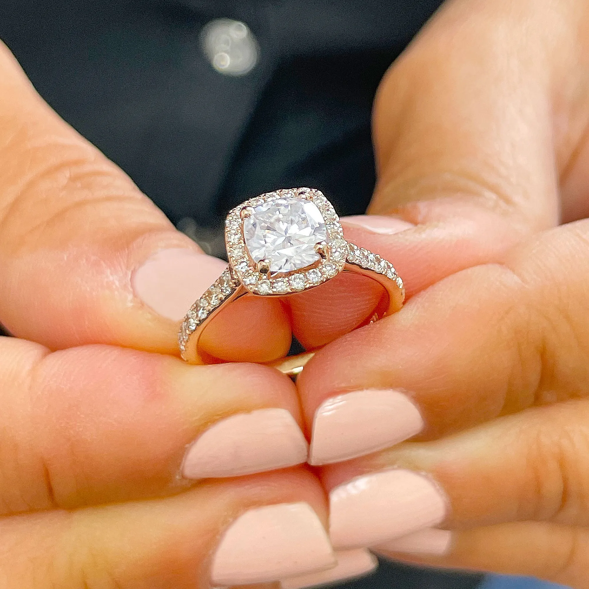 Women's 14k solid rose gold cushion cut forever one moissanite and natural round cut diamond engagement ring Bridal Wedding Halo 1.80ctw