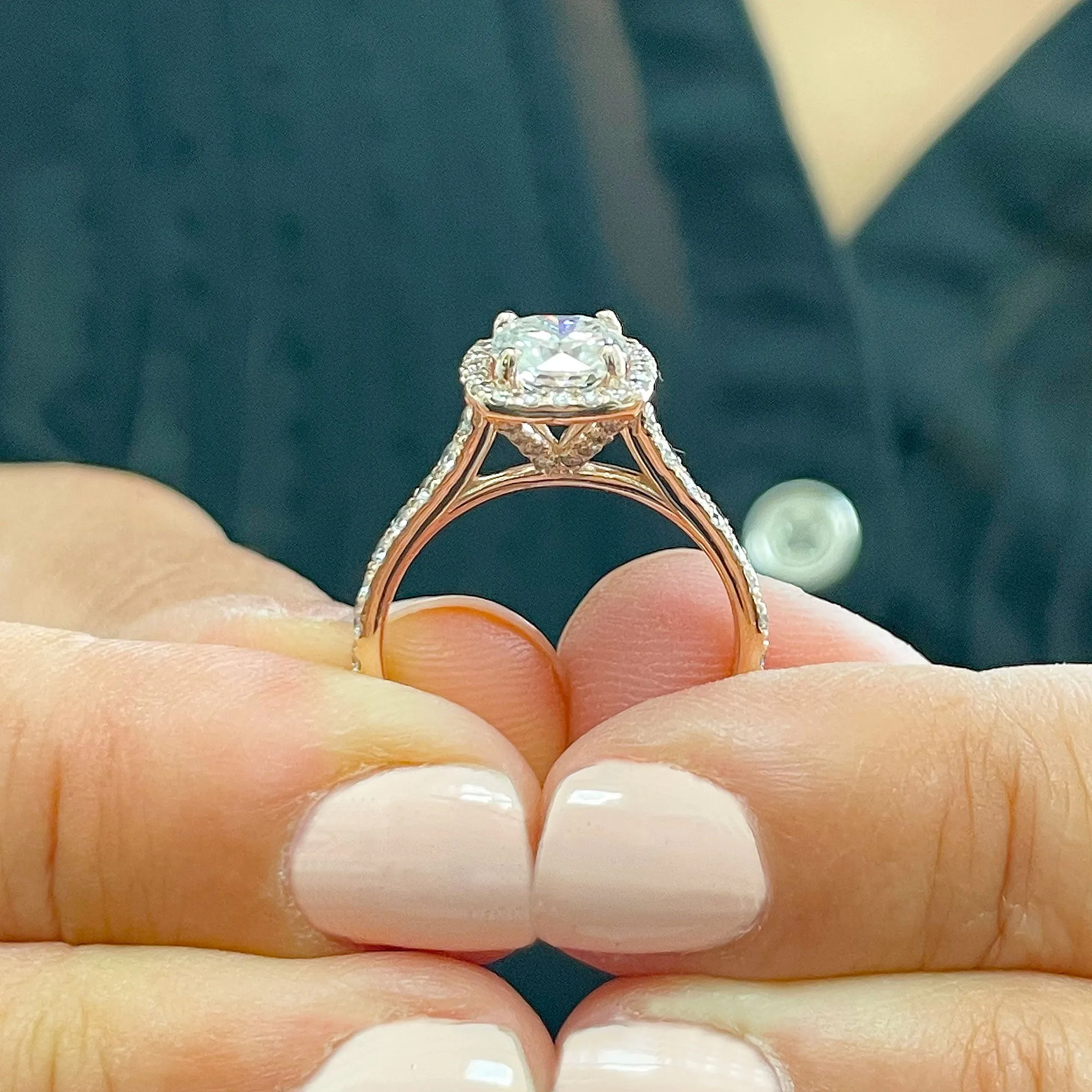 Women's 14k solid rose gold cushion cut forever one moissanite and natural round cut diamond engagement ring Bridal Wedding Halo 1.80ctw