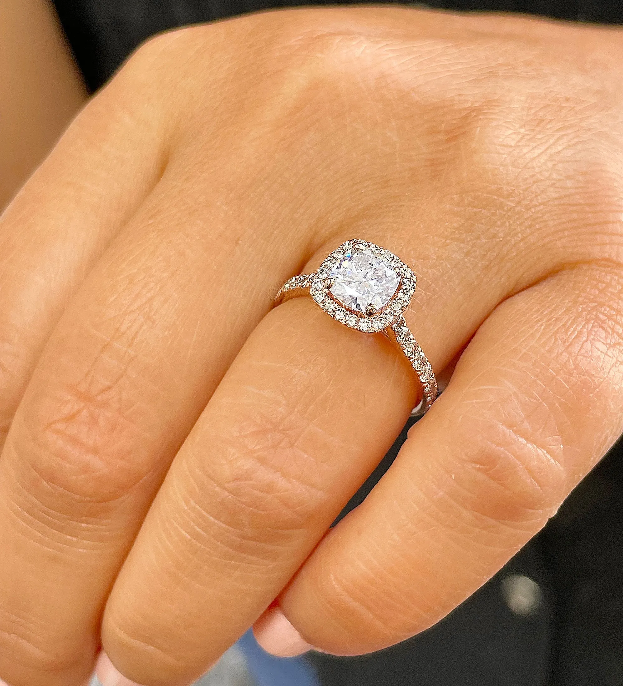 Women's 14k solid rose gold cushion cut forever one moissanite and natural round cut diamond engagement ring Bridal Wedding Halo 1.80ctw