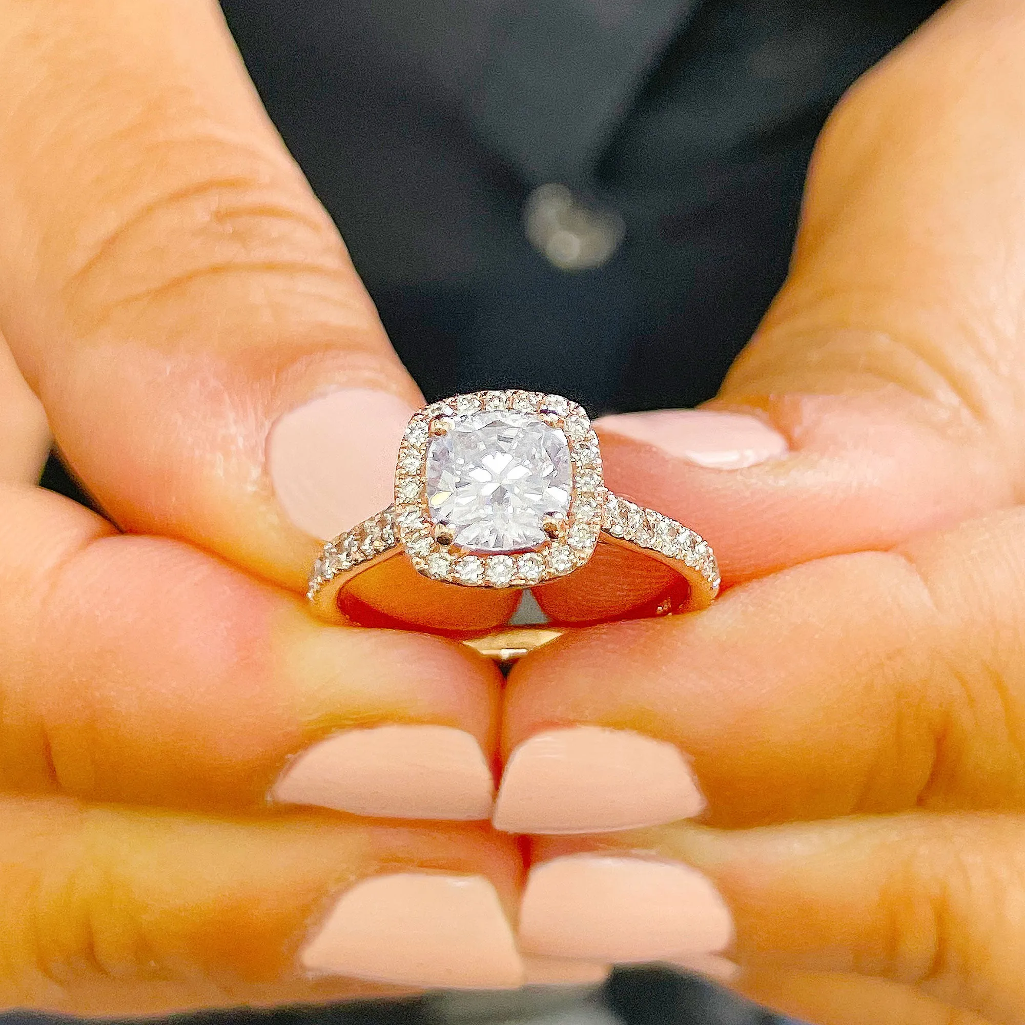 Women's 14k solid rose gold cushion cut forever one moissanite and natural round cut diamond engagement ring Bridal Wedding Halo 1.80ctw