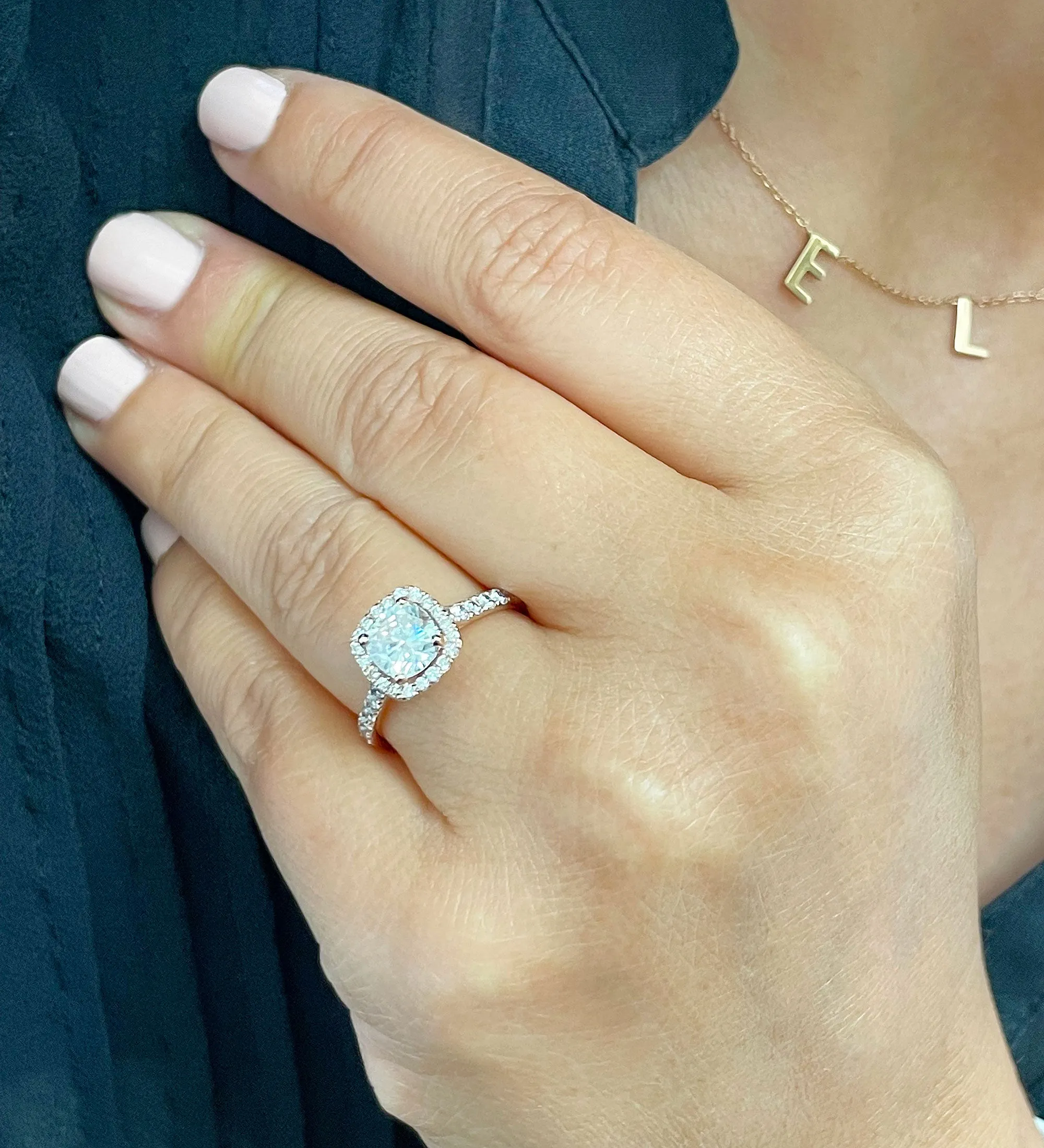 Women's 14k solid rose gold cushion cut forever one moissanite and natural round cut diamond engagement ring Bridal Wedding Halo 1.80ctw